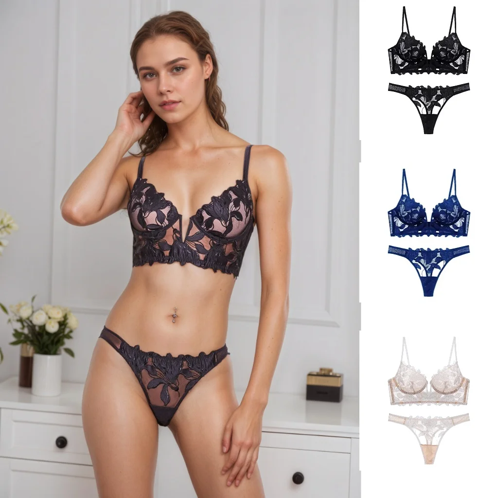 

French sexy lingerie women gather deep V lily flower embroidery mesh breathable and sexy ultra-thin corset set