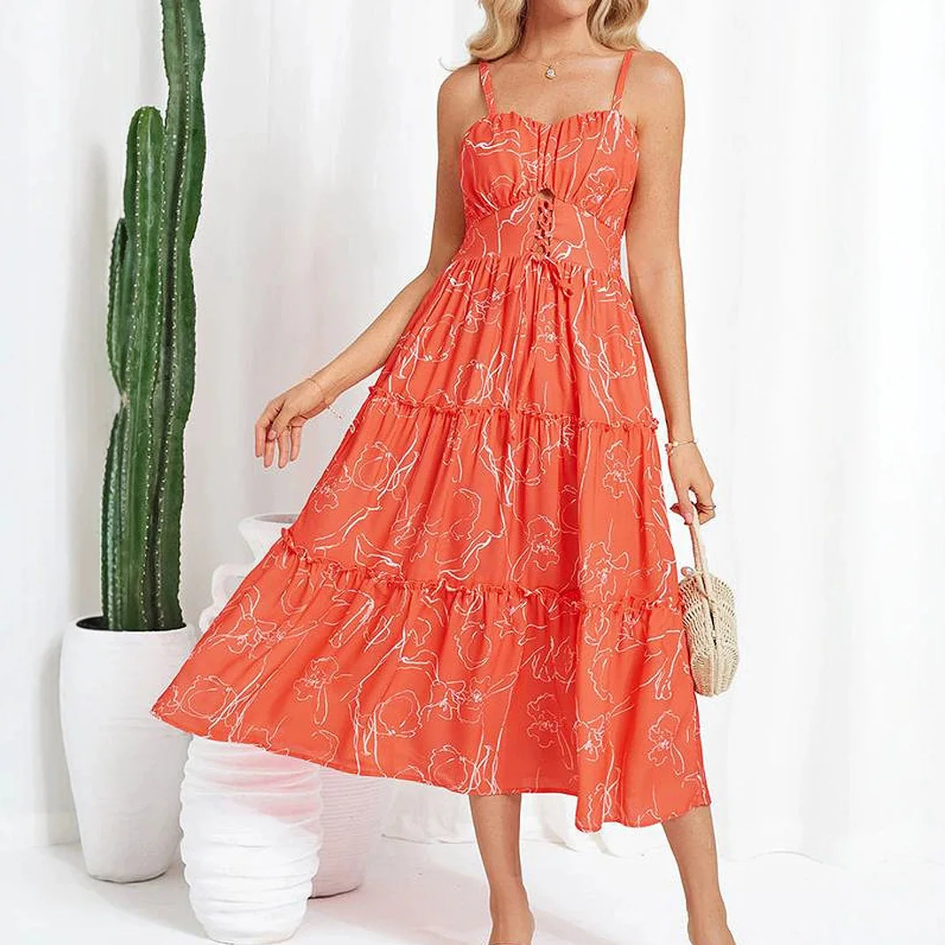 Women's Dress New European And American Models, Women's Clothing Suspender Waist Thin Printed Long Holiday Style Dress