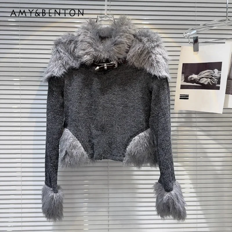 Winter New Artificial Fur Shawl Belt Buckle Hot Girl Woolen Top Knitted Sweater Women's Long Sleeves Slimming Sueters De Mujer