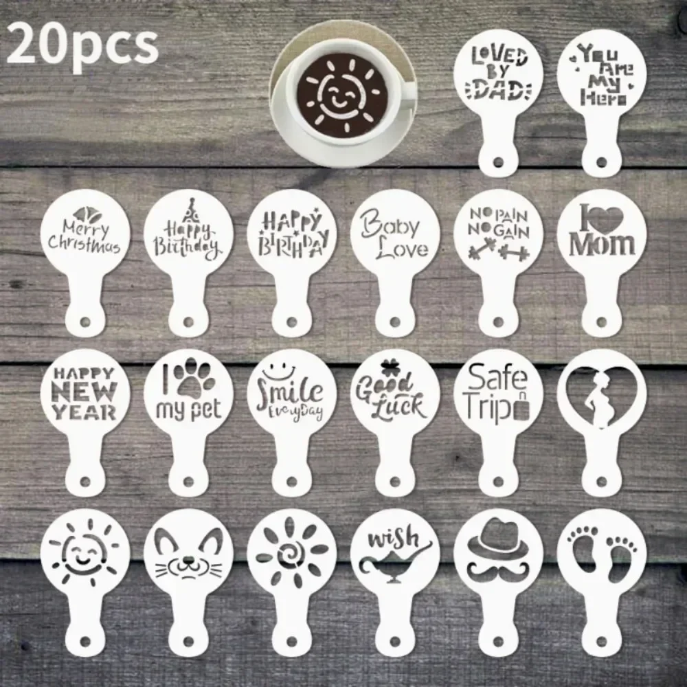 20pcs Coffee Stencils DIY Fancy Coffee Printing Model Foam Spray Cake Stencil Coffee Drawing Cappuccino Mold Powdered Sieve Tool