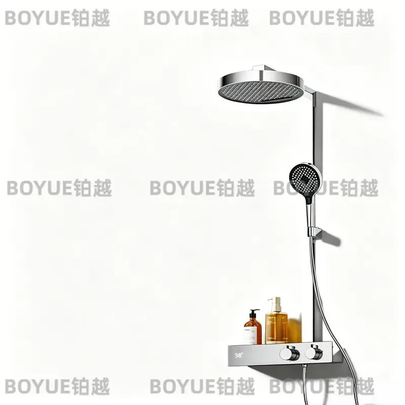 Modern Minimalist Thermostatic Shower Set Round Rainfall Head Surface Mounted Pressurized Bathroom Fixture Large Spray Nozzle