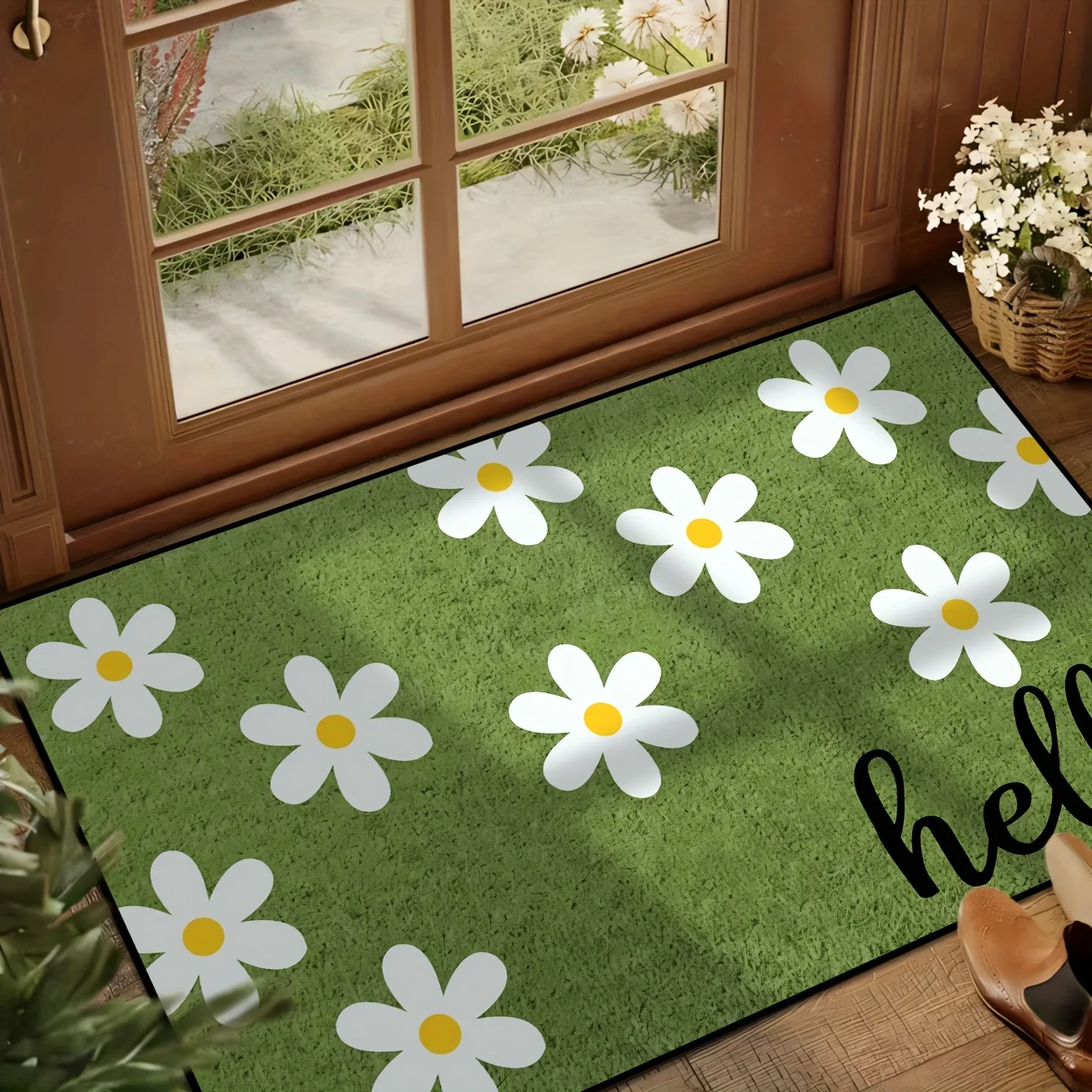 VIKAMA Small Chrysanthemum Carpet Cow Green Doormat Welcome Mat Outdoor Carpet Rug For Bedroom Living Room Carpet Washable Home view 2