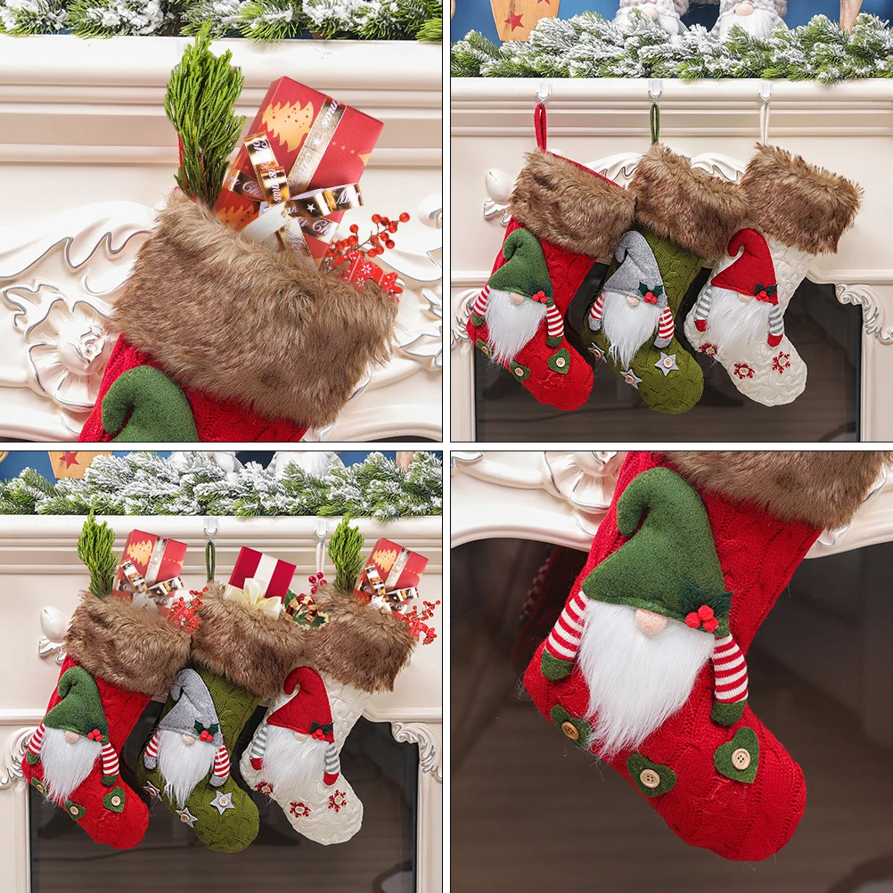 

Knitted Sock Pendants Santa Bags for Gifts Candy Sweets Hanging Pouch Christmas Stockings Red Knitting