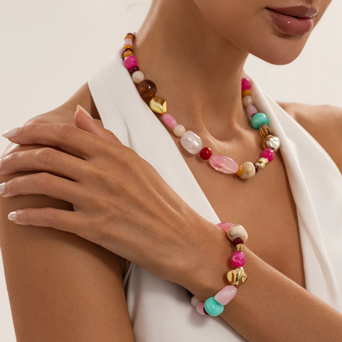 Ingemark 2-teiliges Set Böhmisches Buntes Harz-Acryl-Perlenketten-Halskette und Armband für Damen, Modischer Charme, Y2K-Schmuckset, Geschenke – Detail 1