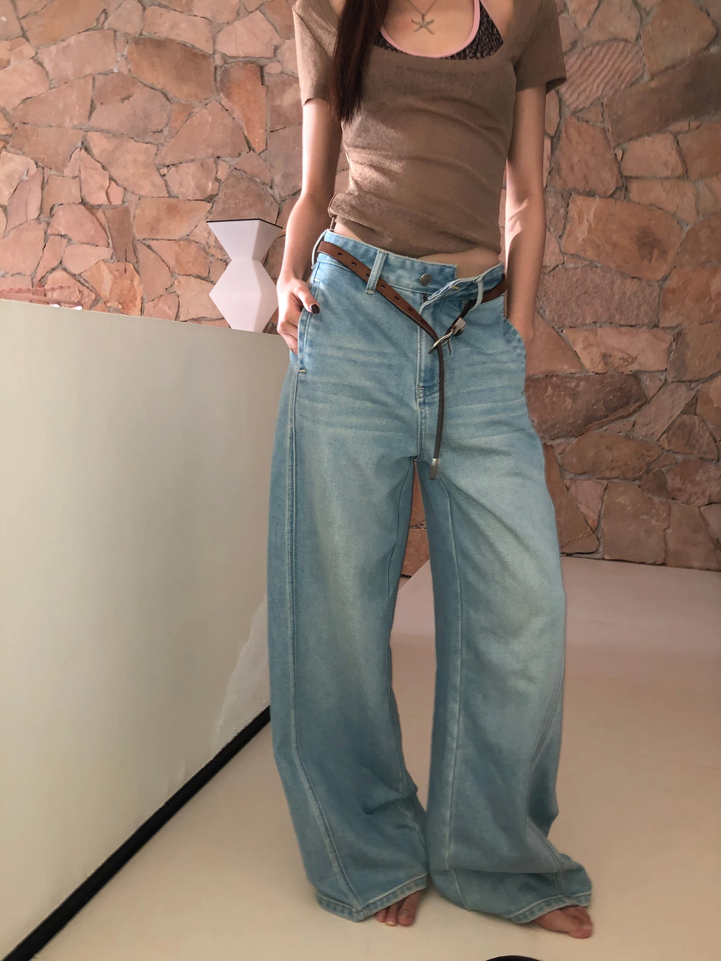 

Женские синие джинсы с высокой талией и широкими штанинами, новинка весенней коллекции, повседневные, из смесового хлопка, на молнии, прямого кроя, удобные, модные