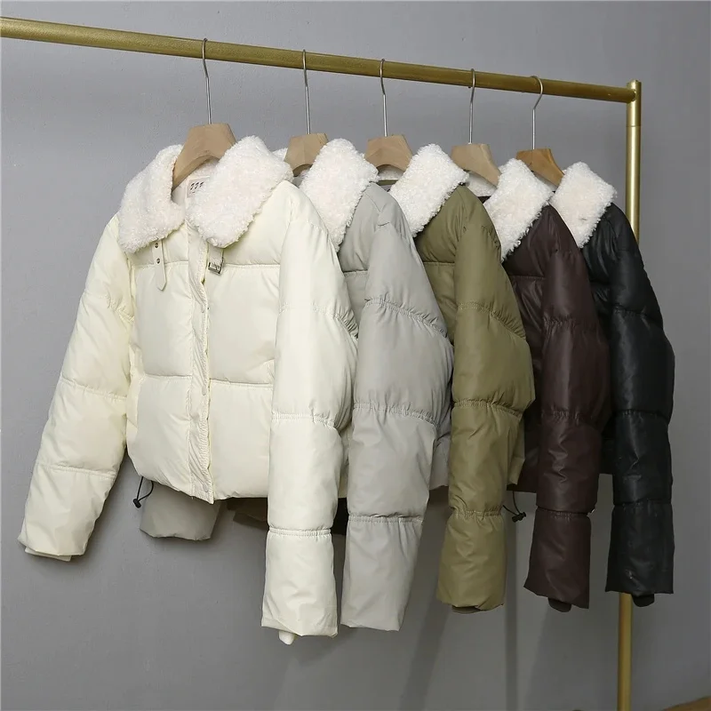 

Модная зимняя куртка НОВИНКА 2025 г. Женское хлопковое пальто-парка с воротником-стойкой из овечьей шерсти, короткая пуховая хлопковая куртка из искусственной кожи, теплая