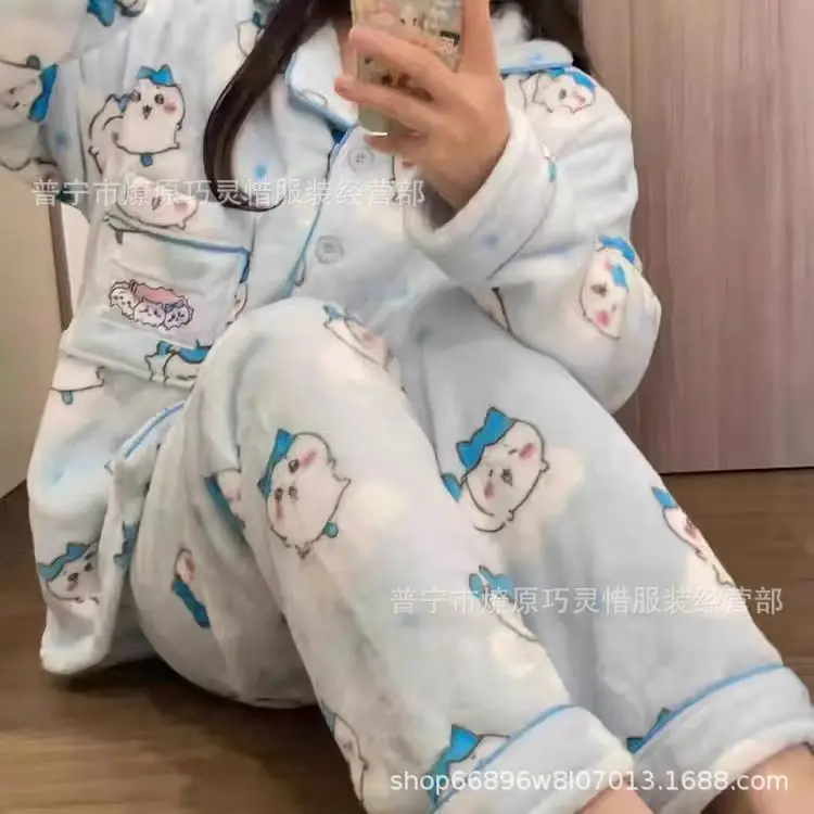 Bonito pochacco cinnamoroll kuromi 2 pçs conjunto de pijamas de veludo da mulher menina engrossar quente moda casual kawaii anime estudante homewear