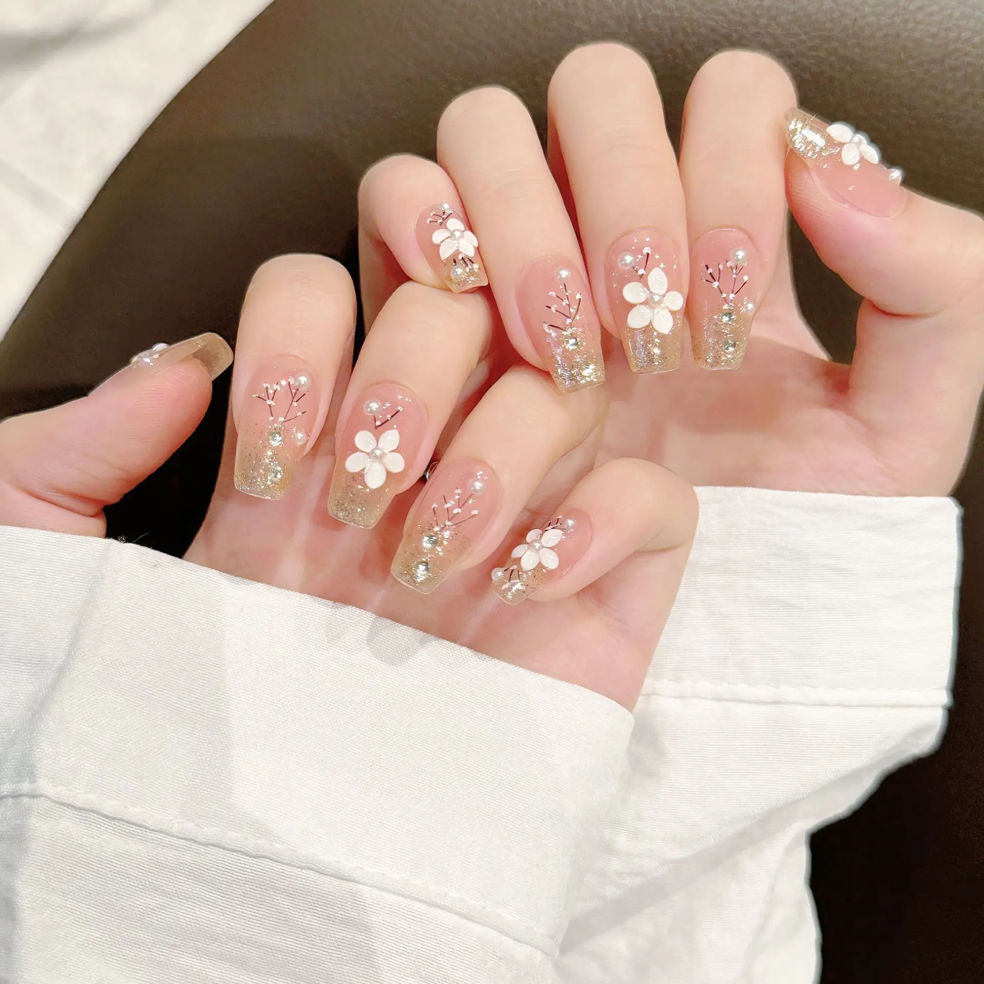 10Pcs Handmade False Nails Mid-length Ballet Full Cover Nail Tip with Flowers Design Pink Wearable Fake Nails Art Press on Nails