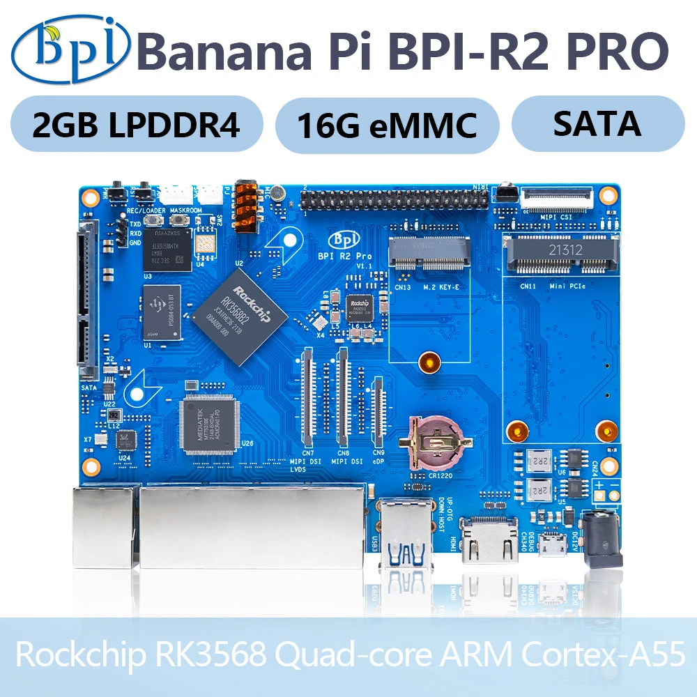 Banana pi BPI-R2 pro rockchip rk3568 quad-core 2g lpddr4 16g apoio emmc pcie m.2 chave-e sata sbc placa de demonstração do roteador opensource