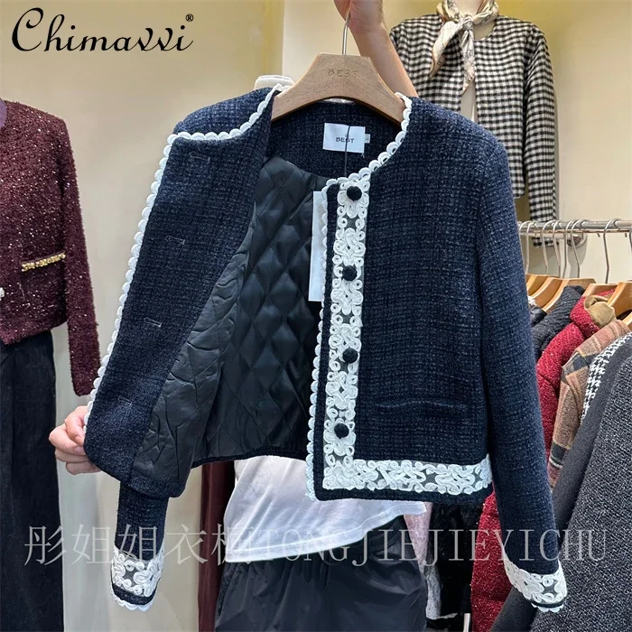 Winter Kleidung Neue High-end-Mode Gepolsterte Jacke Französisch Retro Spitze Spleißen Elegante Tweed Baumwolle gefütterte Mantel Alle-spiel