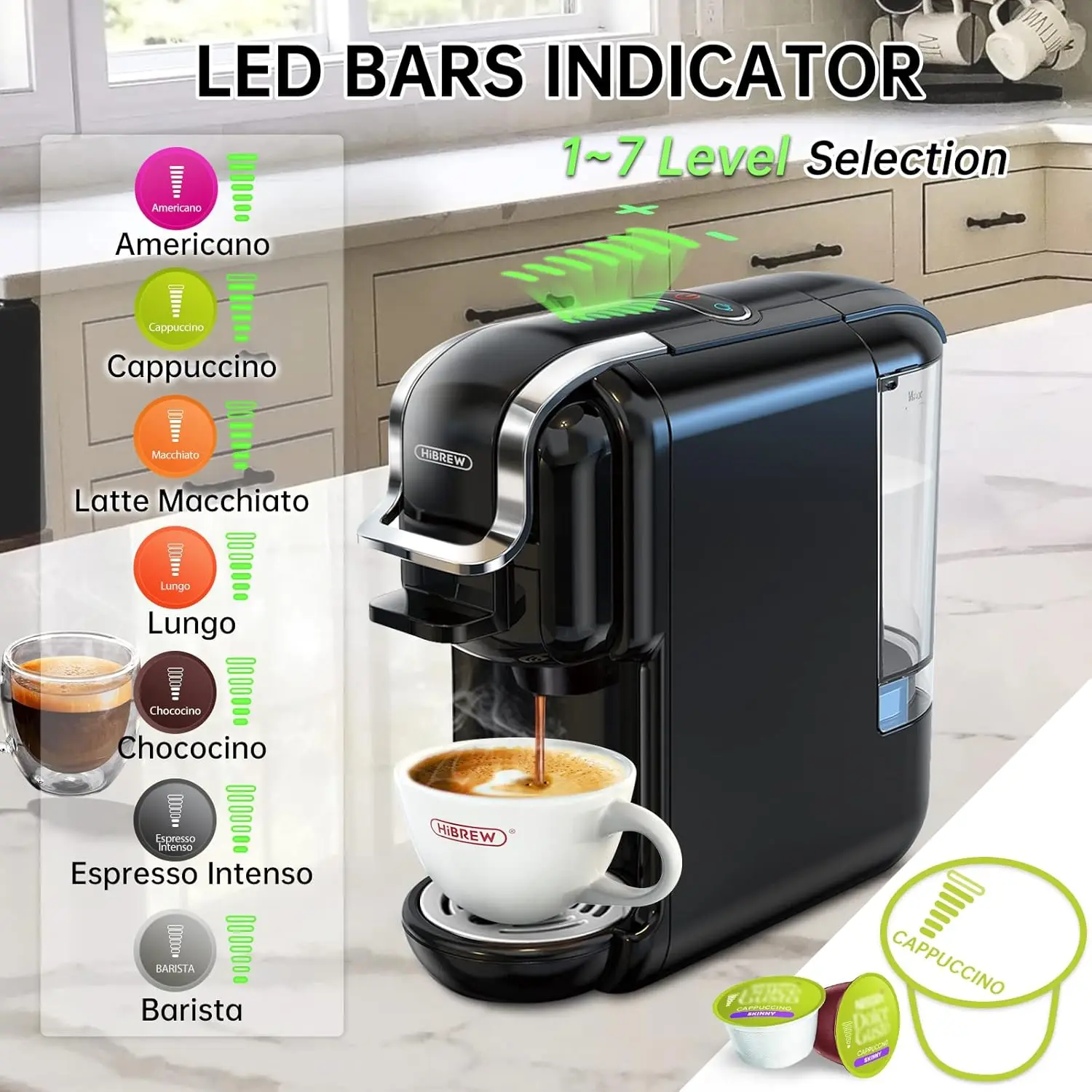 HiBREW-Cafeteira Espresso, Pod 5-em-1 para Kcup */Nes */DG */Espresso em Pó, Tamanho Compacto, Múltiplas Cápsulas Equipamento de cozinha para hotel