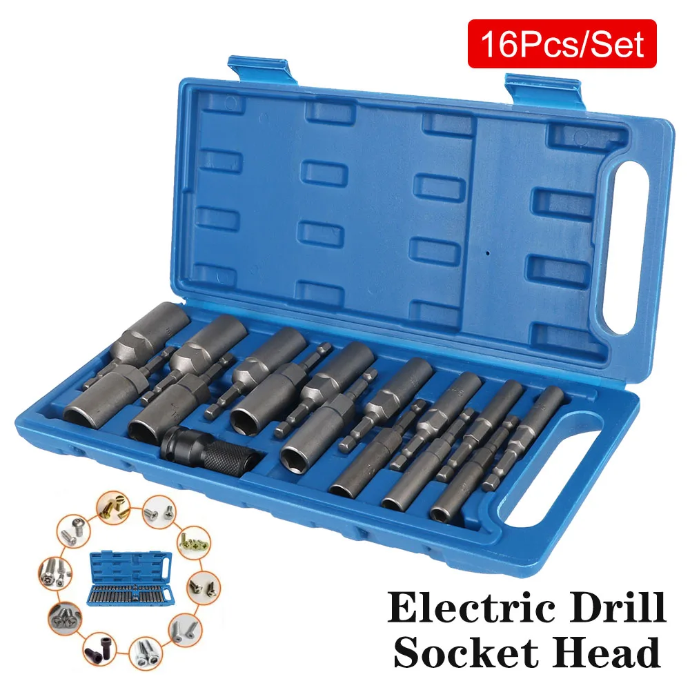 

16 шт., электрическая дрель, торцевые насадки, головка 5,5-15 мм, набор шестигранных торцевых ключей, инструменты для удаления автомобиля, инструменты для ремонта гаража, автоаксессуары