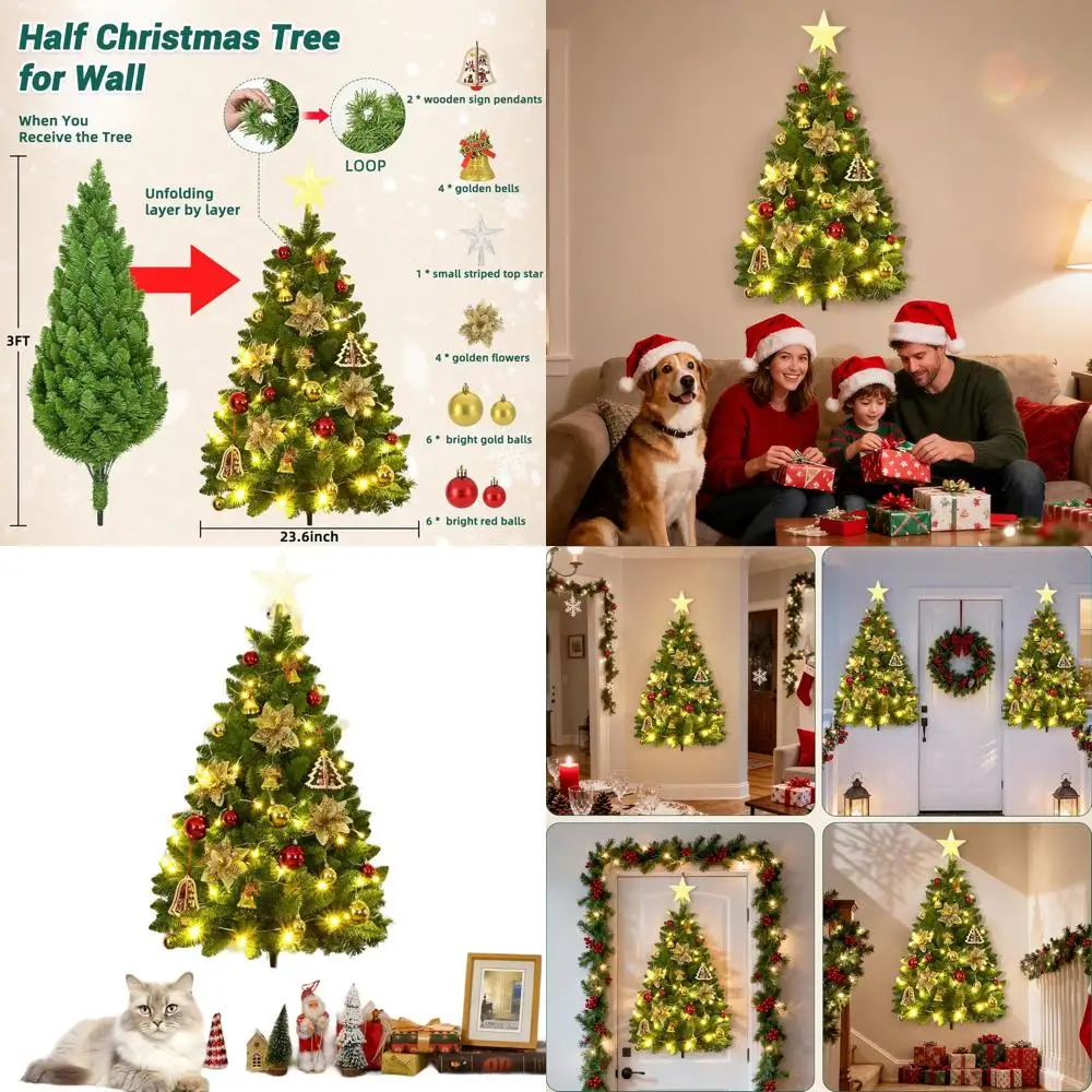 

Half-Sized Dark Green Christmas Tree Wall Decor with Lights and Ornaments for Festive Window Display and Door Hanging, Ideal for