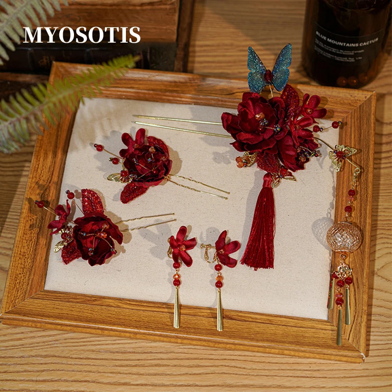 

New Chinese Red Flower Headdress Retro Burgundy Floral Butterfly Hairpin Set Xiuhe Clothing Cheongsam Hair Accessories