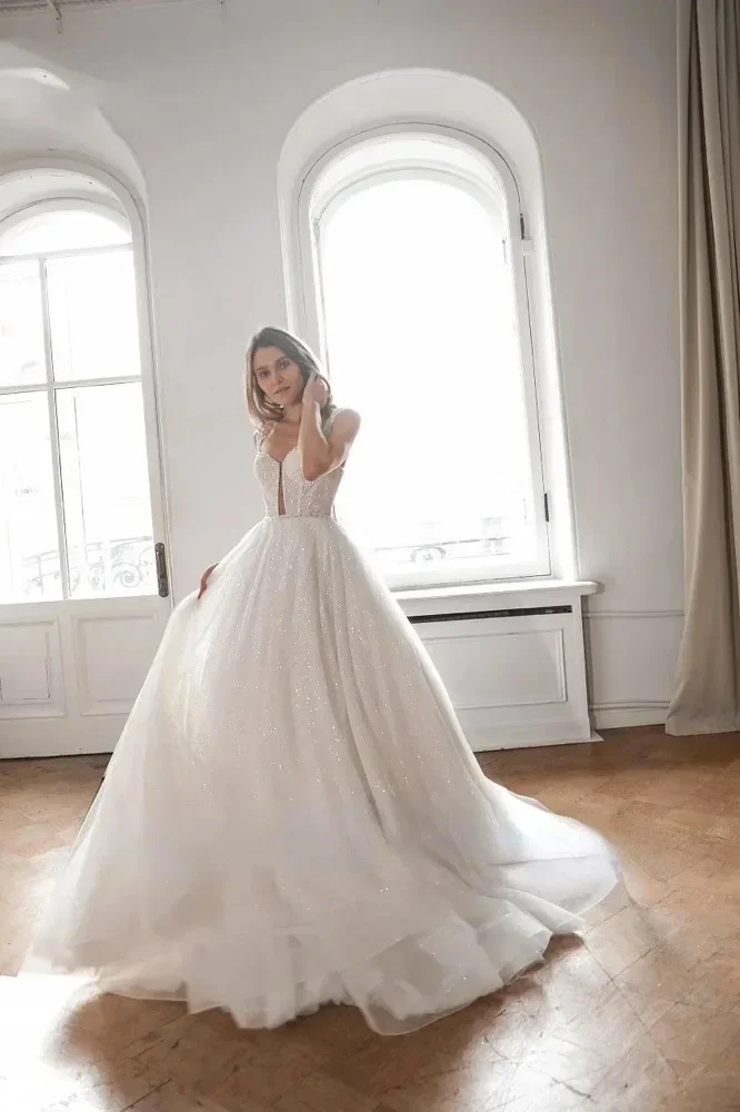 

customized Shiny Glitter Boho A-Line Wedding Dresses Sexy Deep Sweetheart Straps Tulle Bridal Gowns Beaded Sash Princess Vestido