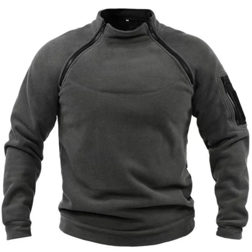 Herbst Winter männer Polar Fleece Sweatshirt Im Freien Warme Taktische Doppel-reißverschluss Stehkragen Top Casual Einfarbig Sweatshirt – Detail 4