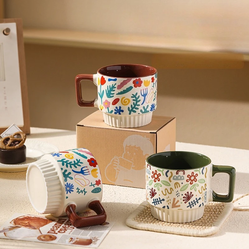 

Creative Painting Mug Vintage Ceramic Coffee Cup for Couples Home Use Stackable