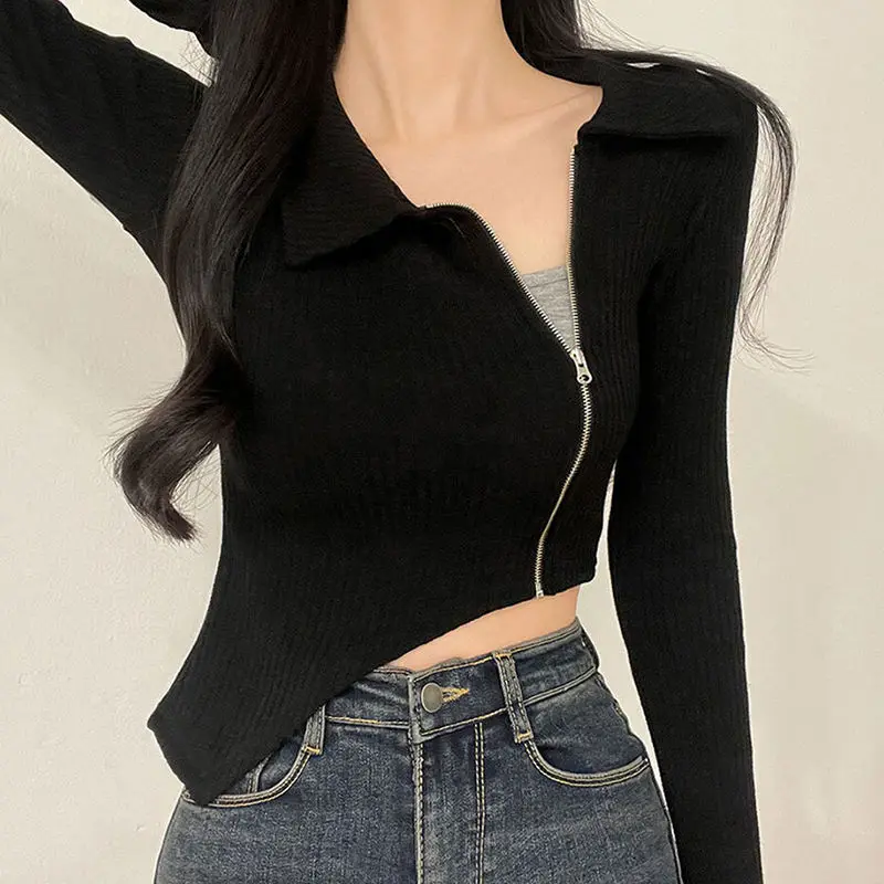 

Knitted Pullover Sweater Lapel Asymmetric Diagonal Zipper Women Pit Strip Waist Slimming Korean Pure Lust Hot Girl Short Top