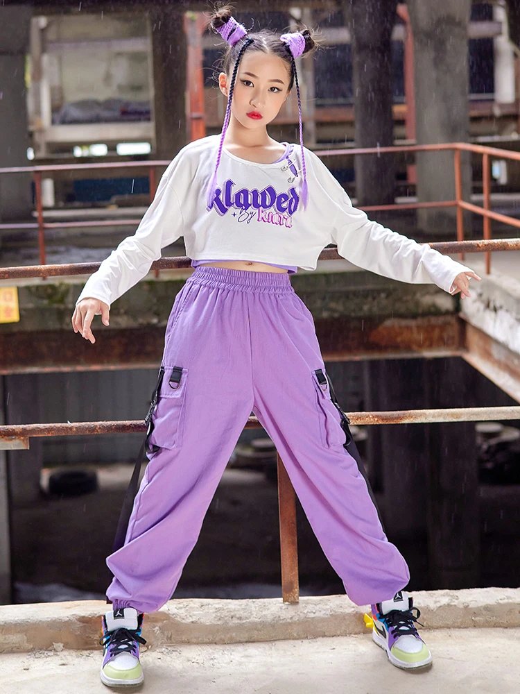 New Jazz Dance Costume Kids Hip Hop Clothes Girls White Crop Tops Purple Cargo Pants Long Sleeved K-pop Concert Show Wear BL9259