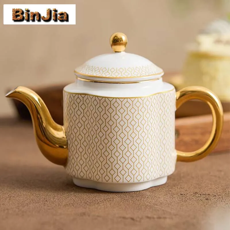 

220Ml Gold Plated Grid Patter Bone China Coffee Pot Tea Making Heat-Resistant Kettle Hotel Restaurant With Filtered Teaset