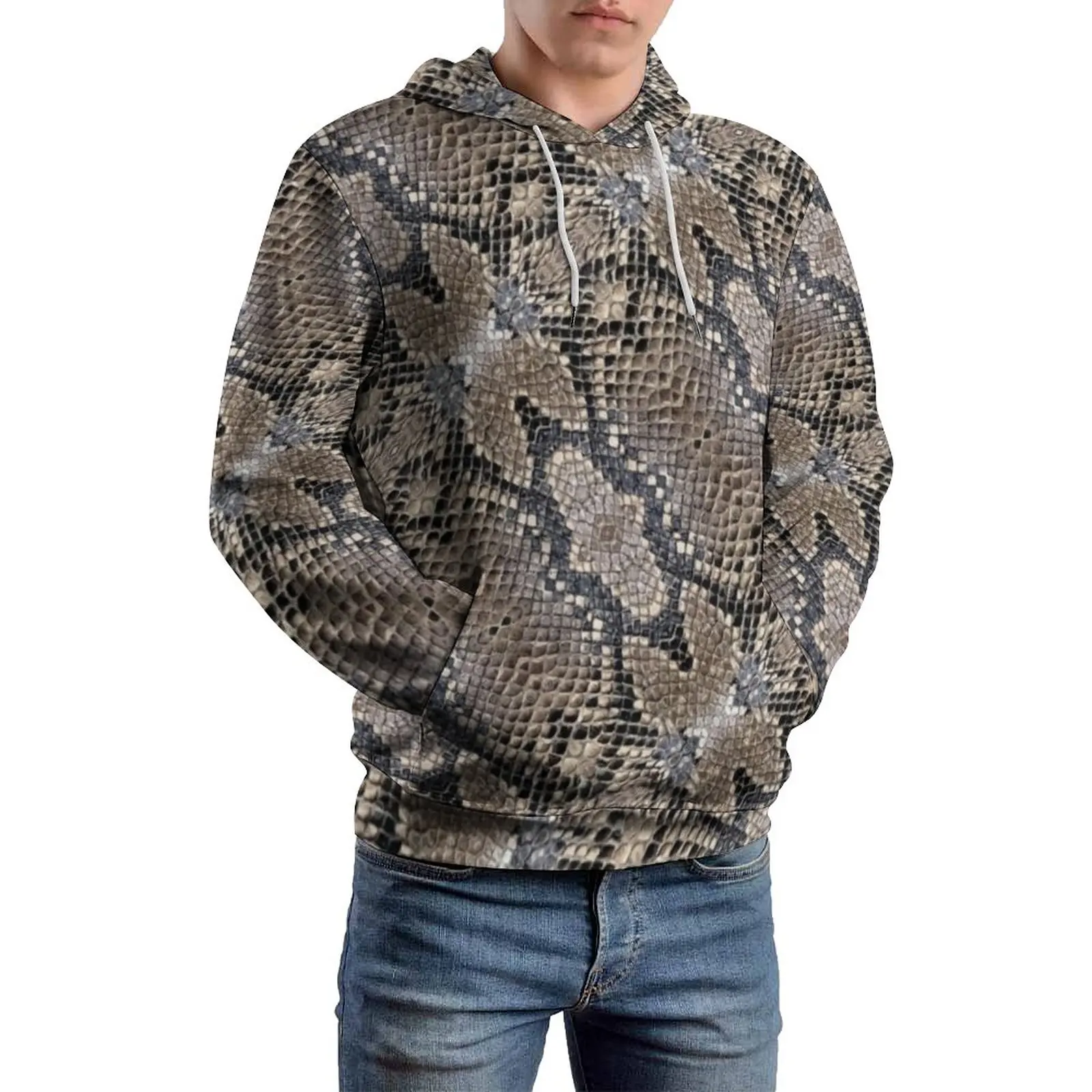 

Мужская повседневная толстовка из змеиной кожи, с длинным рукавом и капюшоном