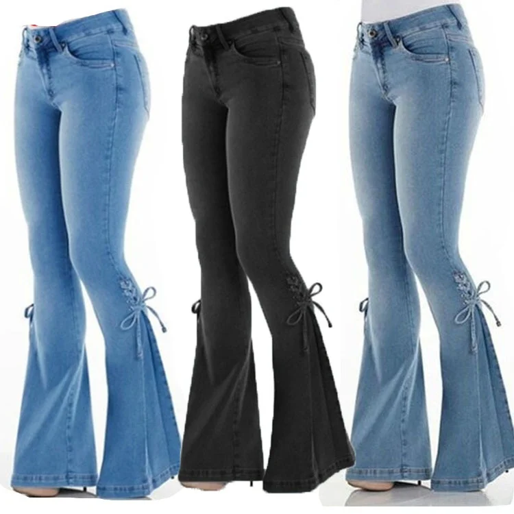 Pantalones vaqueros elásticos de cintura alta de talla grande para mujer 234XL pantalones vaqueros largos finos Bla temporada de otoño Micro piernas acampanadas