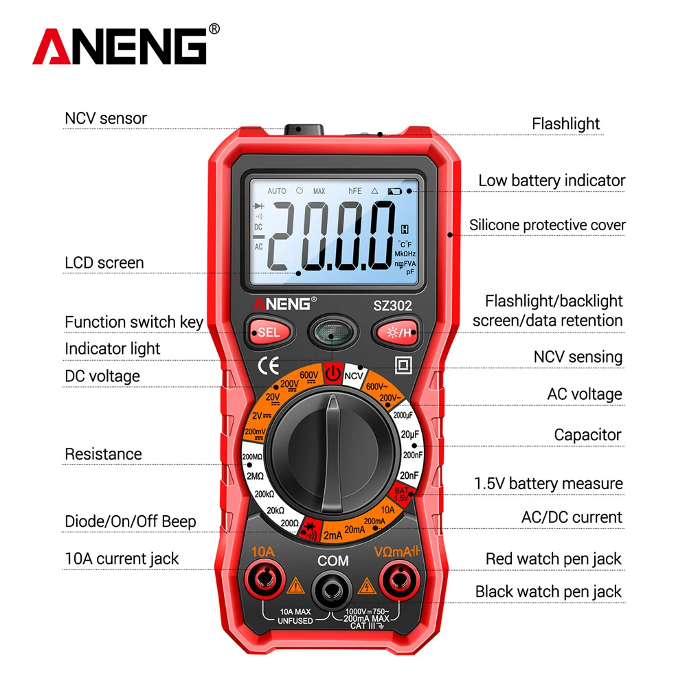 ANENG-multímetro Digital SZ302, probador automático de corriente de voltaje CA/CC, Detector NCV de resistencia, amperímetro de ohmios, medidor de capacitancia