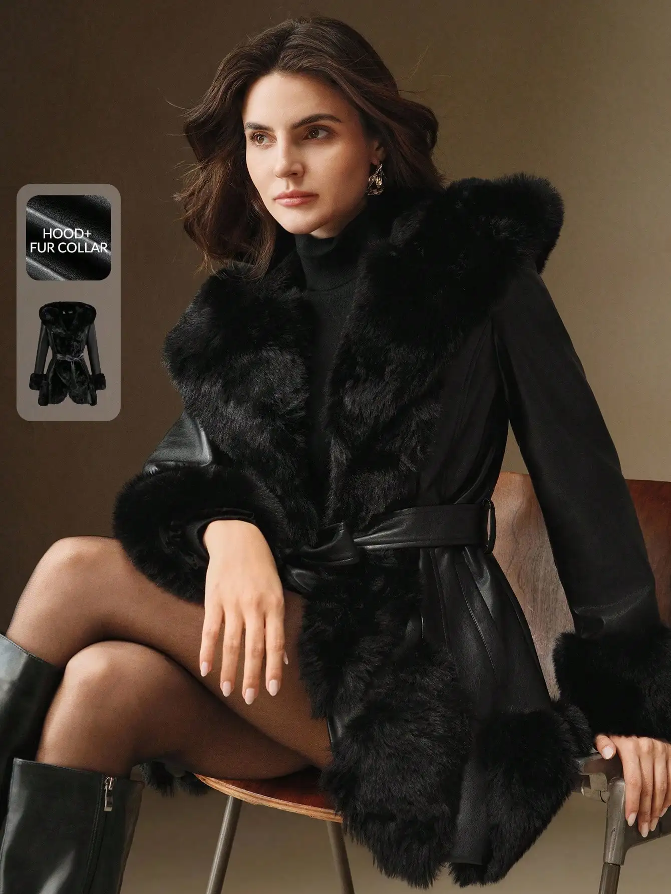 

Черное пальто с капюшоном и воротником из искусственного меха, с поясом на талии, зимняя элегантная верхняя одежда для вечеринок и торжественных мероприятий
