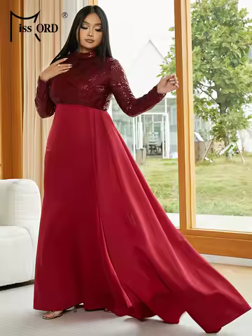 Missord Plus Size Formal Draping A-Line Long Sleeve Sequin Red Evening Dress