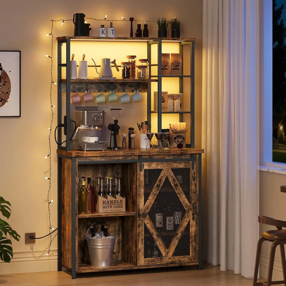 Estante para Panificação com Tomada Elétrica e Luz LED, Suporte para Micro-ondas, Estante de Armazenamento de Cozinha com Porta Deslizante, Personalizada