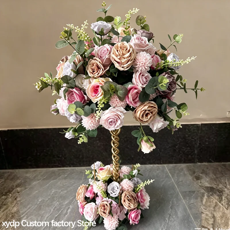 Künstliche Rosen, grüne Pflanzen, rosa Blätter, 70 bis 30 cm Blumenball, Tischblumenarrangement, Hochzeitskulisse, Dekoration, Blumenball-Requisiten – Detail 5