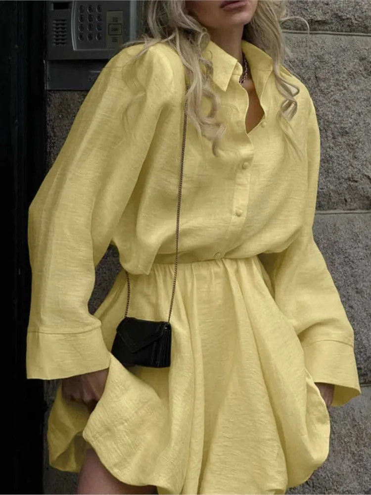

Fashion Casual Skirts Set Outfits Woman 2025 New Summer Yellow Turndown Collar Single Breasted Shirt+High Waist Mini Puff Skirt