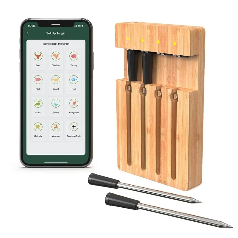 98FT Wireless Smart Meat Thermometer BT App Control 4 Probes Waterproof BBQ Oven Grill Smoker Type-C Rechargeable Food Cooking