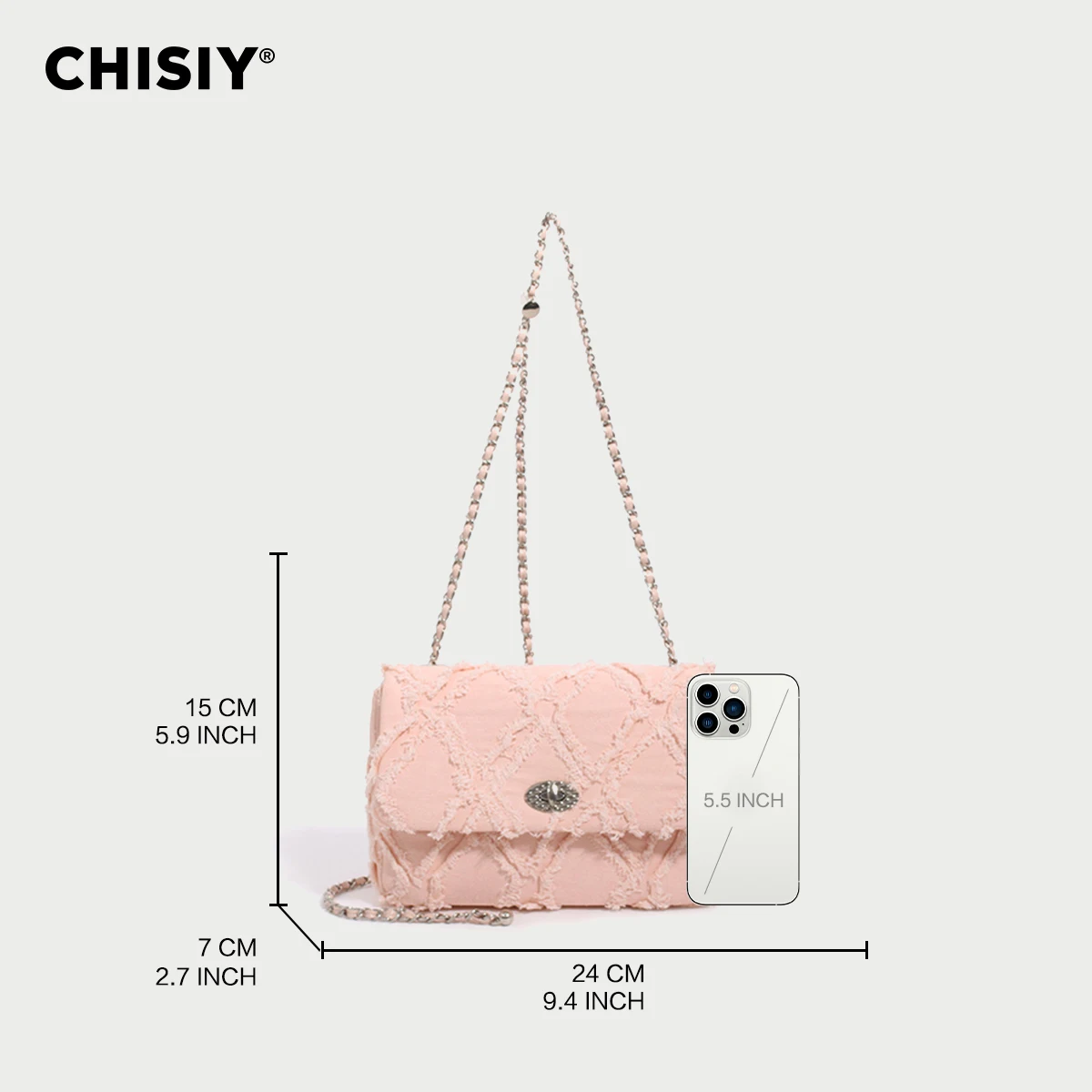 1pc CHISIY Original Handmade Pink Denim Fabric Chain Crossbody Bag With Diamond Patterned Shoulder Strap And Twist Lock Closure.