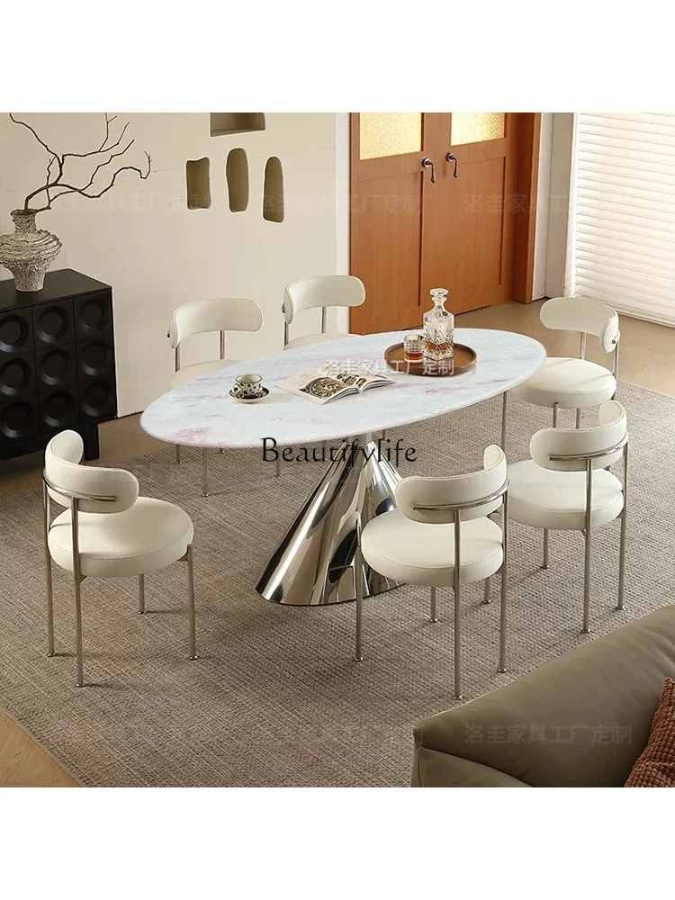 

yj15 Rose Rainbow Natural Luxury Stone Dining Table Home Italian Light Luxury Oval Marble Dining Table