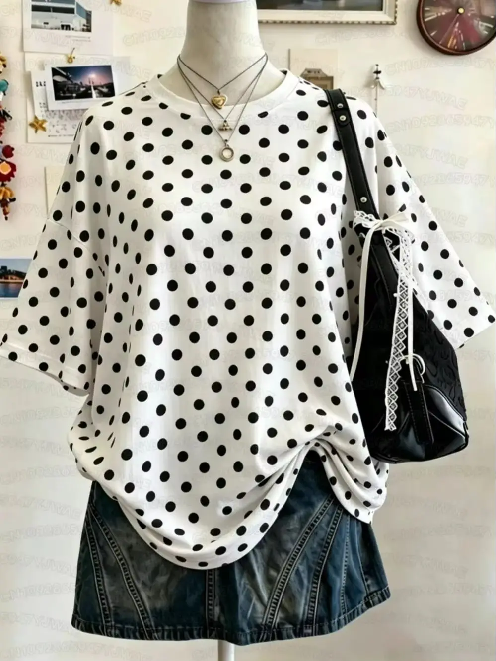 Sommer Y2K Polka Dot Print Lässiges Oversized Rundhals Drop-Shoulder Damen Kurzarm T-Shirt Street Casual Sport-Top – Detail 3