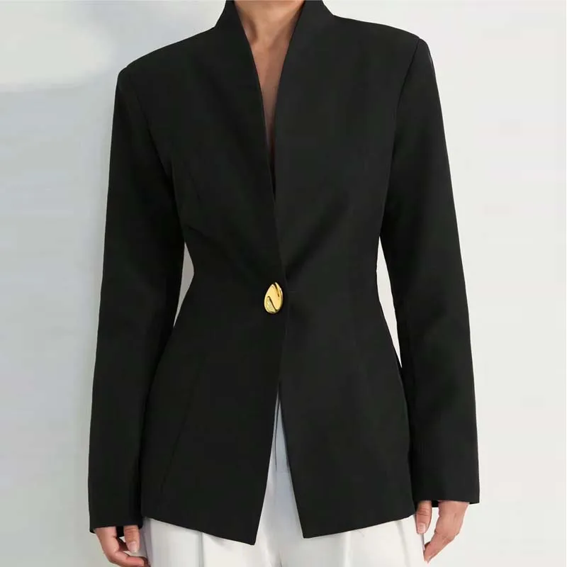 Casaco Feminino 2026, Blazers de Mujer Nuevos, Blazers de Otoño Ajustados de Color Sólido, Chaqueta de Manga Larga con Cuello en V, Blazers de Mujer, Q7208