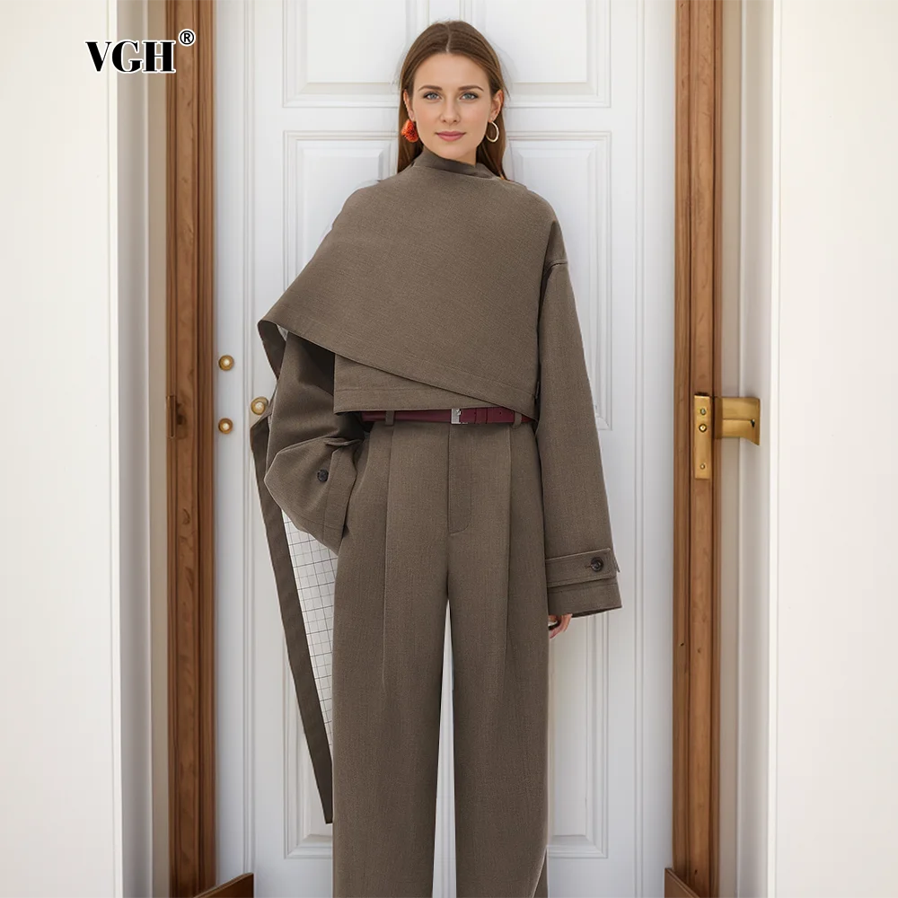 

VGH Irregular Solid Casual Short Jackets For Women Stand Collar Long Sleeve Spliced Button Minimalist Loose Coats Female Fashion