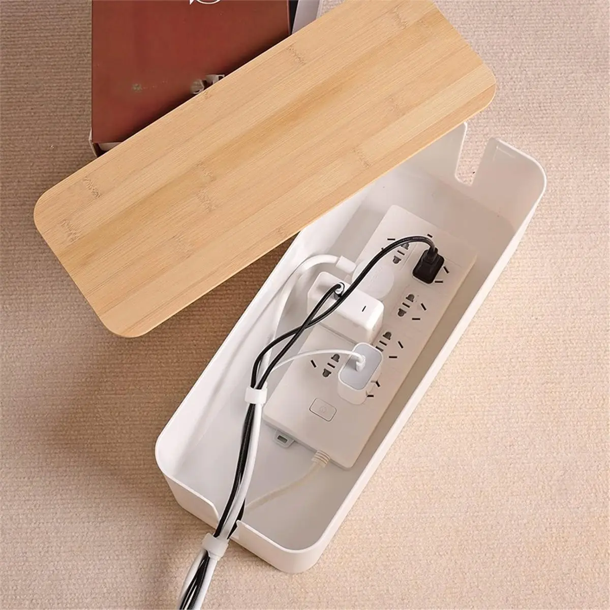 AU47-Wooden Style Cable Management Box, Large Cord Organizer Box for Power Strips, Desk Computer Wire Cord Hider