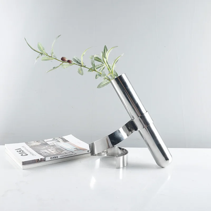 Nordic creativity Home Decor Electroplated Silver Spiral Stainless Steel Vase Curved Support Slanted Tube Desktop Flower Vase