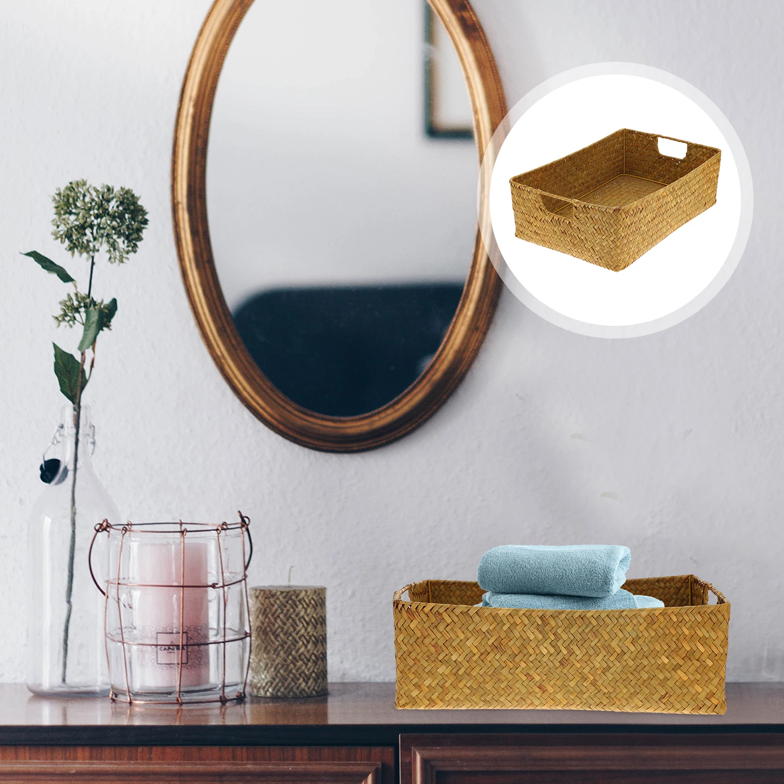 

Bamboo Storage Basket Rectangular Handwoven Seaweed Material Bedroom Living Room Bathroom Home Storage Solution Large