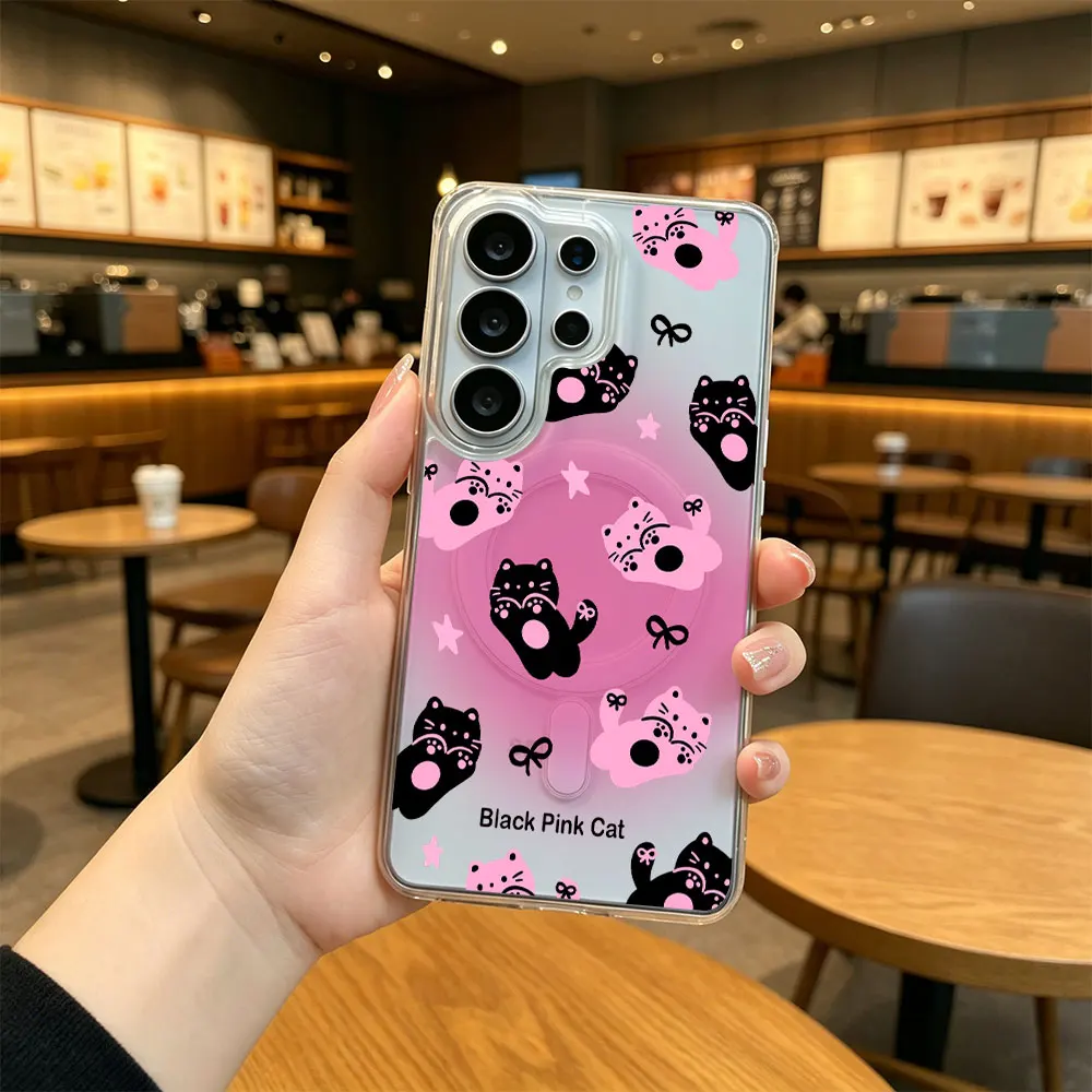 Black Pink Cat Dog Case For Samsung Galaxy S26 S25 S24 S23 S22 S21 Note 20 Ultra 10 Plus FE 5G Clear Magnetic Shockproof Cover