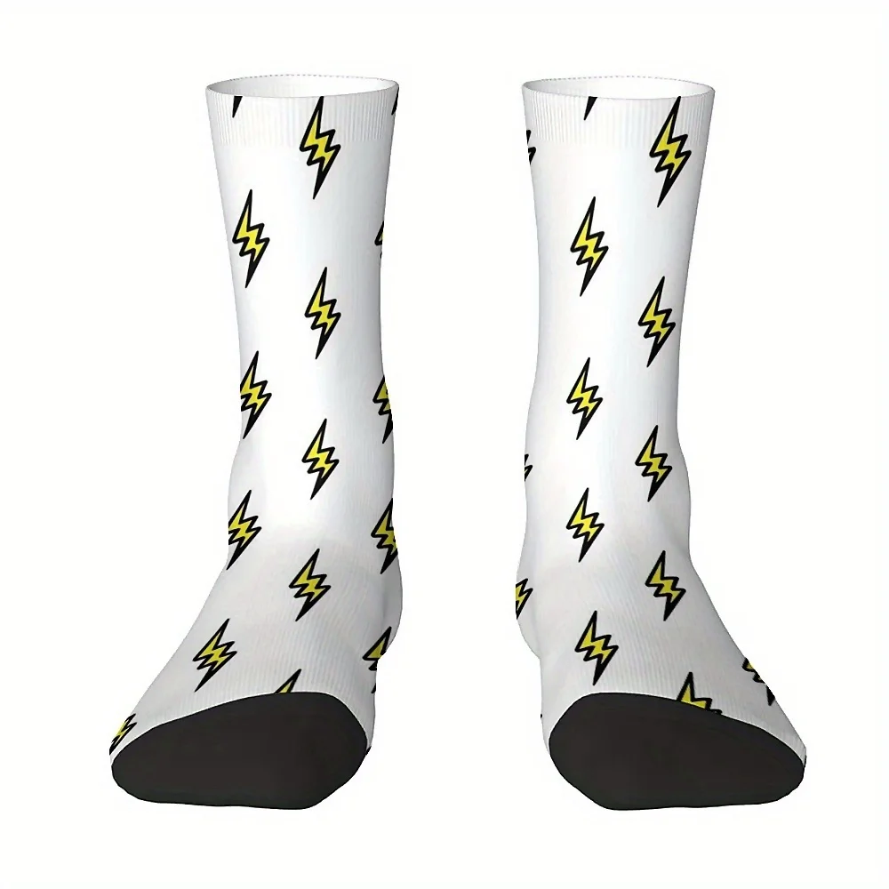 1 Pair Unisex Harajuku Seamless Print Crew Socks, Novelty Fun Lightning Design, 95% Polyester 5% Spandex, Hand Wash Only