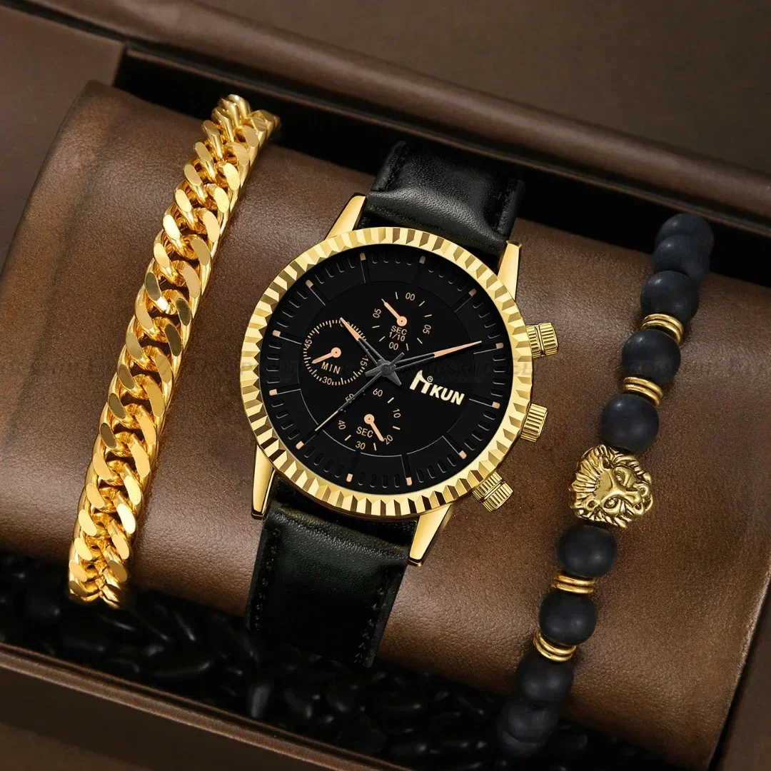 남성용 비즈니스 스포츠 시계 쿼츠 손목시계, 럭셔리 블랙 가죽 스트랩 팔찌, 남성용 선물 세트, 신제품