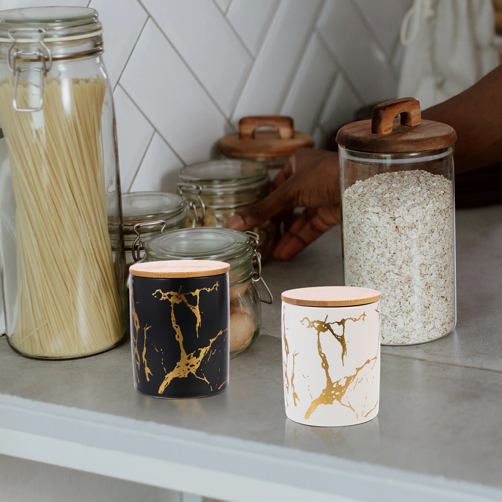 

2 Sets Ceramic Tea Canisters Sealed Jars Dry Food Containers Marbling Storage Cereals Bottles High End