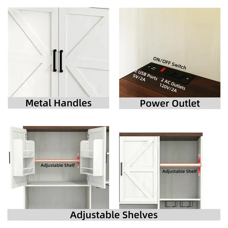 Aparador multifuncional de despensa de cozinha com armário, gaveta e suporte de vidro, suporte para micro-ondas com estação de carregamento para