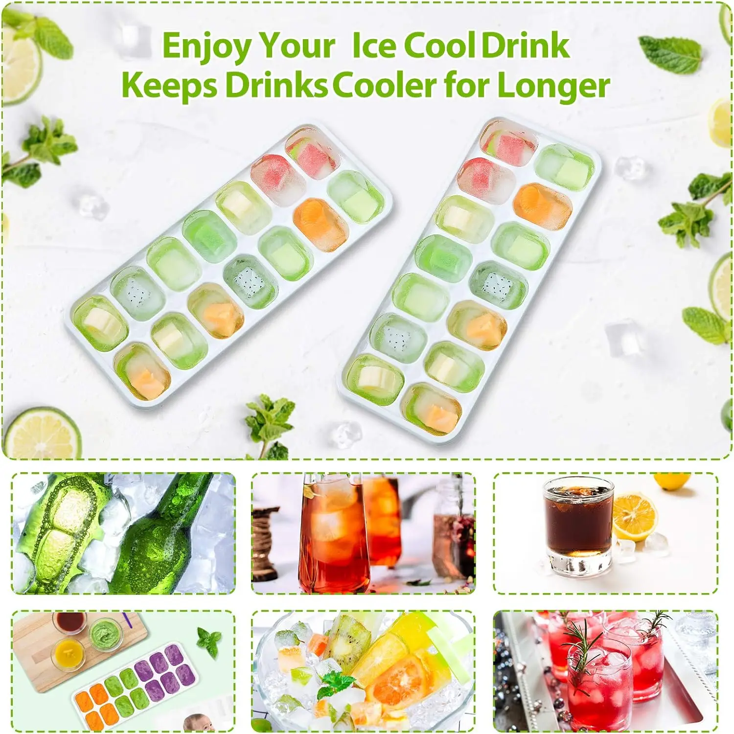 Fruit Ice Maker with Removable Ice Cube Trays, Non-Toxic, Durable, Kitchen Tools, Bar, Pub, Wine, 14 Grids