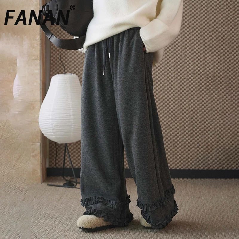 FANAN-pantalones Vintage de encaje empalmado para mujer, pantalones elásticos de cintura alta, rectos, de pierna ancha, ropa con cordón, novedad de invierno