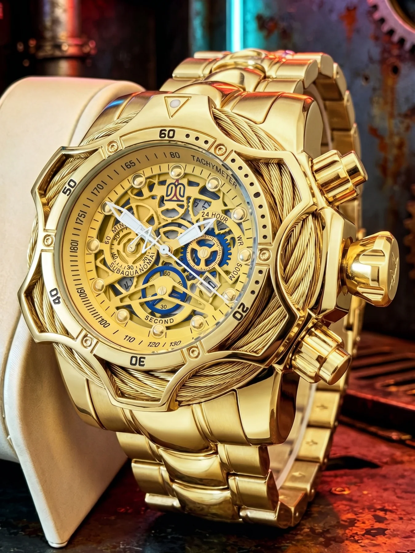 European and American Style Large Dial Men's Quartz Watch, Punk Steel Wire Ring Wristwatch, Calendar Waterproof Luminous Men's Watch, Tough Guy Racing Sports Steel Band Wristwatch, Trendy Business Casual Versatile Men's Wristwatch, Gift for Men view 4