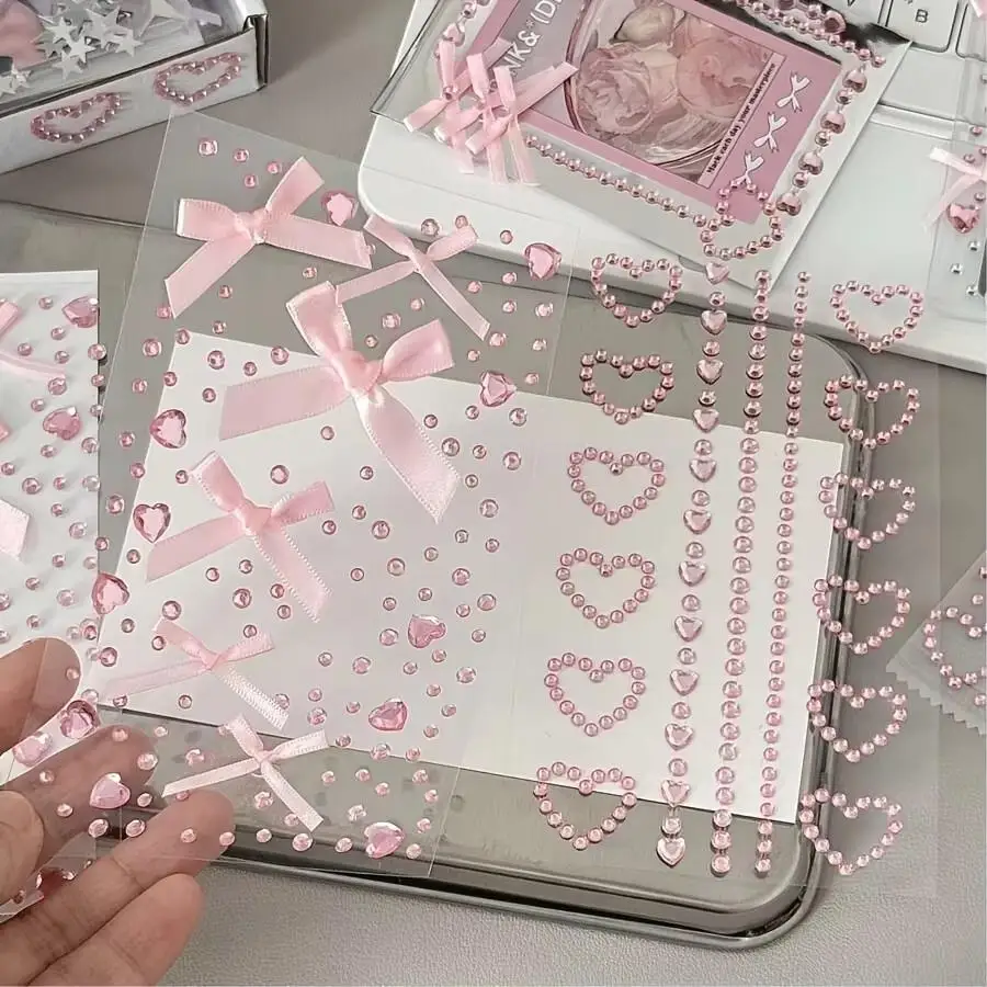 1 Sheet Pink Bow Self-Adhesive Stickers Pink Heart Star Gem Decoration Stickers Suitable for Facial Makeup Postcard Book Cutters